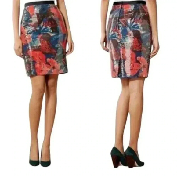 Anthropologie 🌸 Wolven Sequin Sugared Fleur Skirt Blue Red Size 4 - Picture 8 of 8